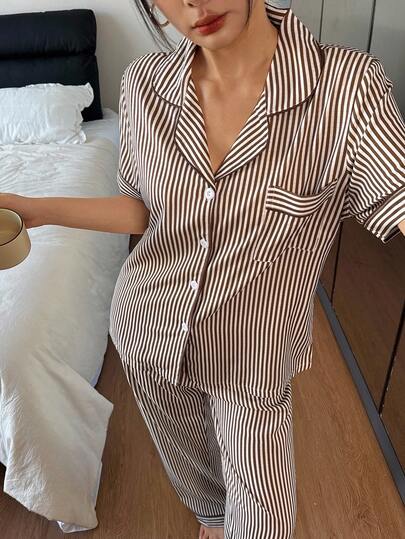 Gestreepte Collar Short Sleeve Pajama Set Curve Pyjama Women Dress Sleep Wear Coffee Woman view 4