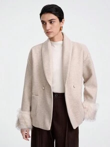 SHEIN LUNE 女士通勤高端毛绒袖口宽松腰部外套 - 卡其色 - 查看 3