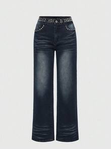 ROMWE Grunge Punk Y2K Punk Rivet Waistband Cross Decor Distressed Vintage Wash Skinny Flare Jeans - Dark Grey - View 3