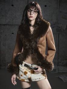 Bloopia Retro Bohemian Chic Casual Cá nhân hóa Tối giản Thiết kế Halloween Thu/Đông cho nữ Áo khoác lông thú giả cỡ lớn cổ vá bằng da lộn lót lông hỗn hợp tay chuông hở phía trước - màu đen - Xem 5