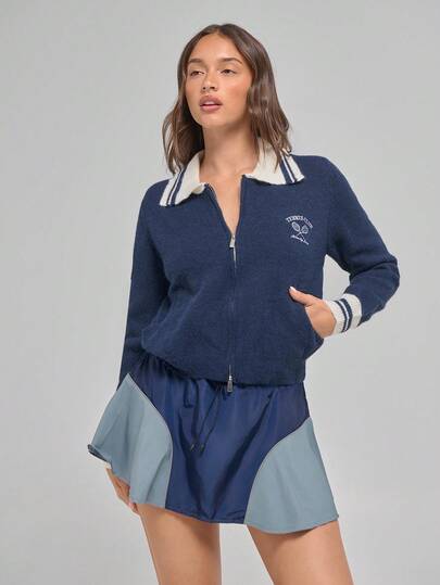 Menodora SHEIN Sport 女士休闲字母条纹长袖拉链开衫，秋冬