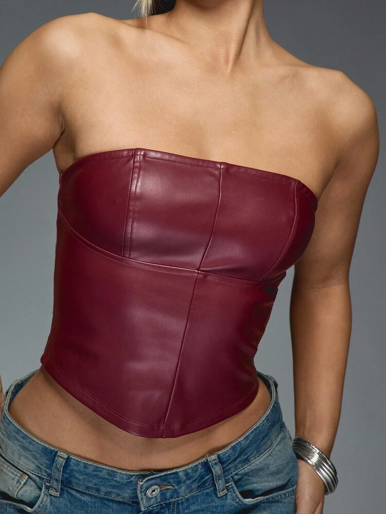 MISSGUIDED Corpete Cropped Estilo Bustier de Couro Sintético, Sem Alças, para Festa, Balada, Noite, Sem Mangas, Moda Casual Contemporânea, Moderna, Noite, Ajuste Slim, Zíper nas Costas, Natal