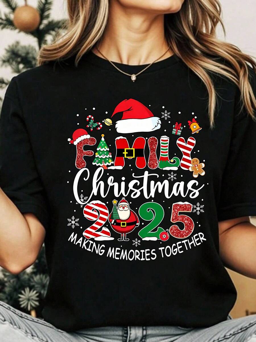Merry Christmas Women's Fashion Creative Cute Shiny Christmas Deer Plaid Bow Christmas Tree Santa Claus Graphic Letter Slogan Print Basic Short Sleeve T-Shirt, Suitable For Christmas Party Going Out Tops - Black - View 1