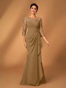 Serin 女士优雅雪纺面料圆领薄纱长袖褶皱亮片贴花装饰迷你鱼尾裙，适合新娘母亲婚礼、正式活动、音乐节、派对、情人节等场合。 - 駝色 - 查看 7