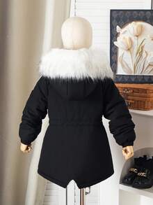 SHEIN 女童加厚派克大衣，时尚连帽，仿皮草领，拉链开合，腰部抽绳，口袋，百搭，适合秋冬 - 黑色 - 查看 11