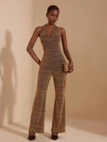 JIAN LASALA Golden Glittery Knit Halter Neck Backless Ruched Front Flared Leg Women Jumpsuit Party Wear - Black - View 3