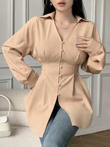 Celisse Camisa de manga larga con cintura ceñida de unicolor casual para mujer, otoño