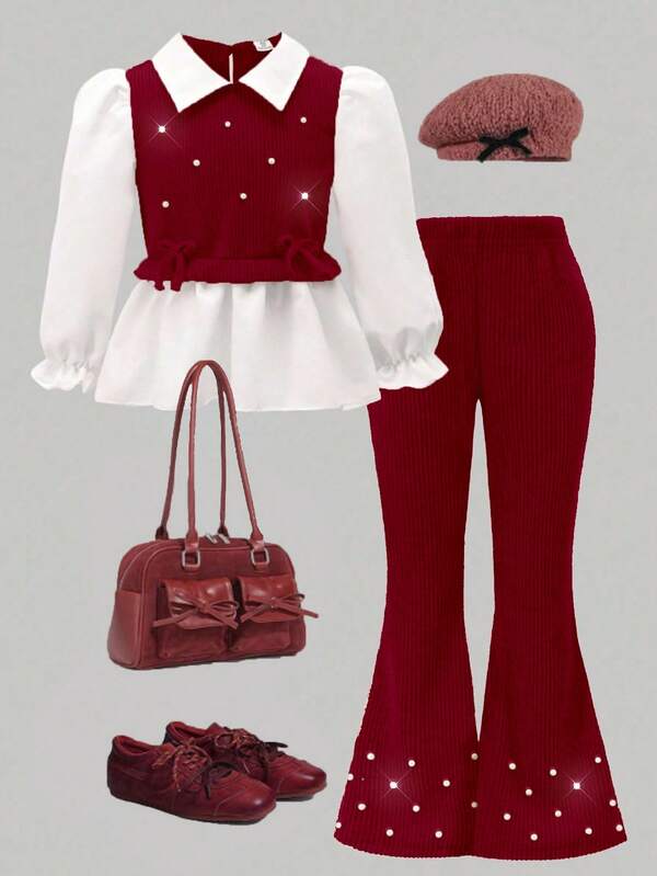 SHEIN Teenage Girls' Casual Shirt Set, Featuring Burgundy Bow Design, Pearl Beaded Knit Fabric, White Long Sleeve Ruffle Hem Blouse Top Paired With Burgundy Pearl Beaded Knit Flare Pants, Suitable For Casual, Commute, Travel, Party, Photoshoot, Back To School Season Christmas