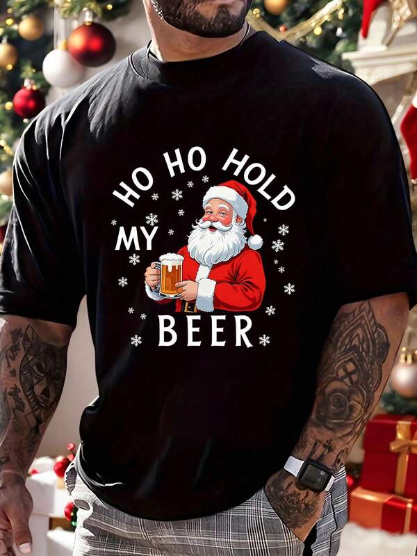 SHEIN Merry Christmas Men's Fashion Cartoon Cute Santa Claus Beer Design Letter Slogan Graphic Basic Short Sleeve T-Shirt, Suitable For Christmas Party And Going Out