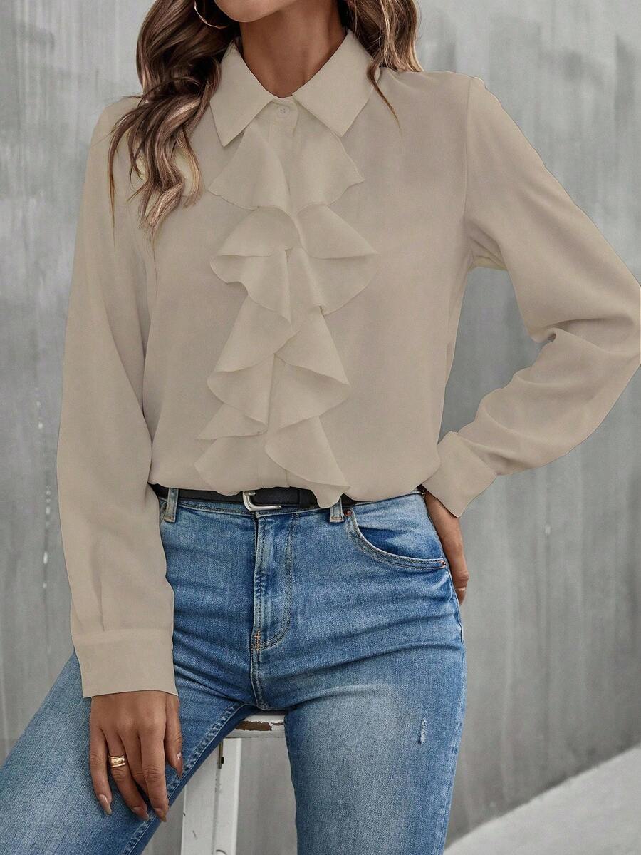 Camisa de manga larga elegante para oficina con botones y volantes en la parte delantera de un solo color - Caqui - Ver 1