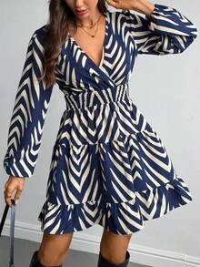 EMERY ROSE Váy dài tay cổ chữ V in họa tiết màu tương phản dành cho nữ - Màu xanh lam - Xem 5