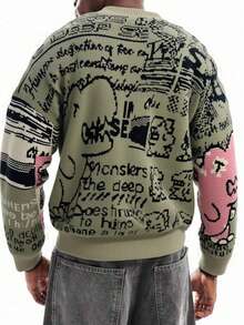 Manfinity CasualKnits Unisex Casual Loose Fit Pullover Sweater, Solid Color Or Cartoon Intarsia Pattern, Suitable For Autumn/Winter, Back To School - Green - View 3