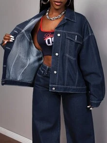 Slaydiva 女士休闲落肩宽松牛仔外套，秋季长袖外套，适合秋冬季节穿着，Y2K风格牛仔外套 - 深色水洗藍 - 查看 7