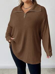 SHEIN CURVE+ Plus Size Casual Stand Collar Quarter Zip Up Fuzzy Apricot T-Shirt, Tee - Brown - View 8