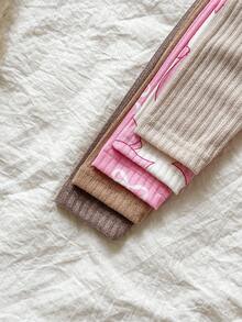 SHEIN Vintaside Kids 5件装女童可爱罗纹蝴蝶结印花圆领长袖T恤 - 粉色 - 查看 4