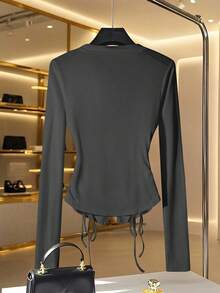 Franclia 时尚法式优雅侧收不对称领金属拉链白色女士长袖 T 恤，春秋 - 灰色 - 查看 2