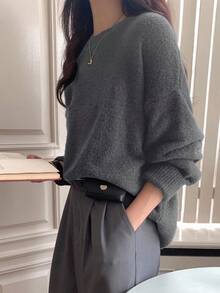 Dazy-Less 女士宽松休闲商务优雅办公室装纯色基本款针织毛衣，适合秋冬季 - 深灰色 - 查看 2