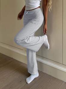Tween Girl/Tween Girls Casual Versatile Navy Blue & White Striped Bow Decor Tube Top & Wide Leg Pants Set - Grey - View 9