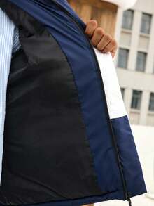 SWAVVY Men's Contrast Color Zipper Front Casual Loose Winter Jacket - Blue and White - View 7