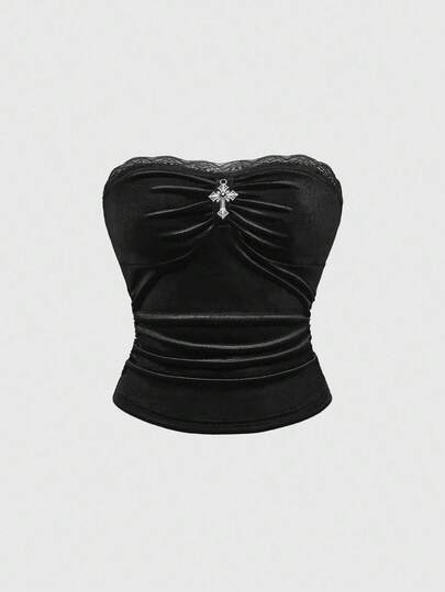 Gothic Style Velvet Pleated Lace & Metal Cross Pendant Cropped Top