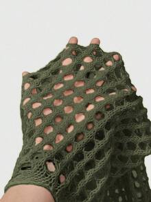 Grunge Punk Women's Autumn Bell Sleeve Faux Crochet Hollow Out Cropped Pullover Sweater - Army Green - View 6