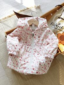 SHEIN Vintaside Kids 6个月至3岁女婴秋季休闲风格女童外套，花朵印花加厚保暖连帽夹克 - 粉色 - 查看 6