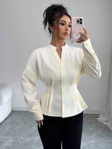 SHEIN Clasi Women's Elegant Small V-Neck Striped Flared Waist Blouse In Soft Yellow, Suitable For Autumn/Winter, New Year, Thanksgiving, Christmas - Light Yellow - View 6