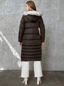 EURMUSE Zip Up Fuzzy Trim Hooded Puffer Coat - Black - View 3