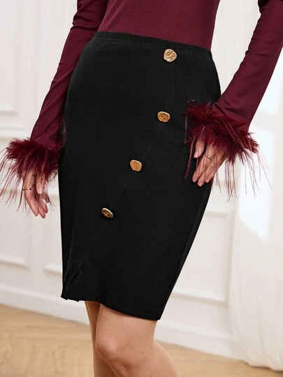 Miaspire Fashionable & Elegant Metal Decor Fitted Skirt, Suitable For Commuting