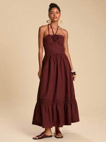 Travachic Women's Elegant Burgundy Backless Halter Dress,Summer Vacation Winery Maroon Dress,Luxury Evening Dresses For Wedding,Thanksgiving New Year Outfits - Coffee Brown - View 3