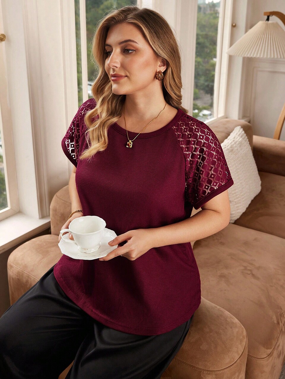 Plus Size Women's Early Spring Short Sleeve Lace Patchwork Wine Red T-Shirt, Summer For Women, Vacation
