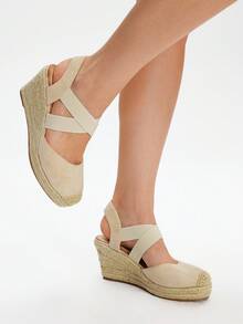 Styleloop 女士时尚圆头米色交叉松紧带舒适透气休闲黄麻绳厚底坡跟渔夫鞋，户外度假旅行 - 杏色 - 查看 3