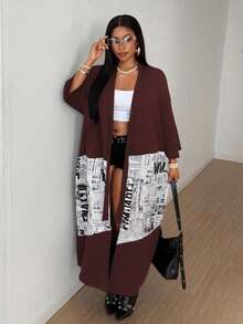 Maweii 大码女式薄款开衫夹克，长款花卉印花拼接，宽松休闲外套，3/4 袖，秋冬 - 酒紅色 - 查看 5