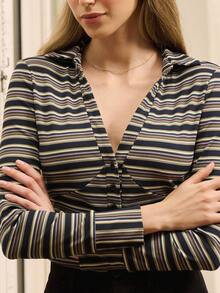 lacRébo Jersey Monochrome Stripe Long Sleeve Button Front Fitted Fall Autumn Office Top Business Casual Top - Multicolor - View 4