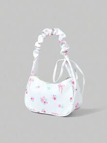 ROMWE Kawaii 1buc nailon alb cu imprimeu floral cu fermoar geantă de umăr casual, versatilă și la modă pentru femei uz zilnic