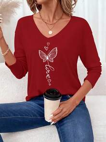 SHEIN LUNE Áo thun dài tay cổ chữ V màu đỏ tối giản họa tiết bướm dành cho nữ, thích hợp cho mùa thu/đông. Áo thun nữ màu đỏ kiểu dáng thường ngày. - Màu Đỏ Sâu - Xem 3