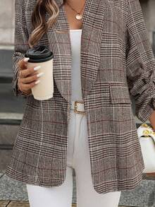 SHEIN Clasi Plus Size Fashionable Plaid Blazer Jacket/ Winter - Brown - View 7