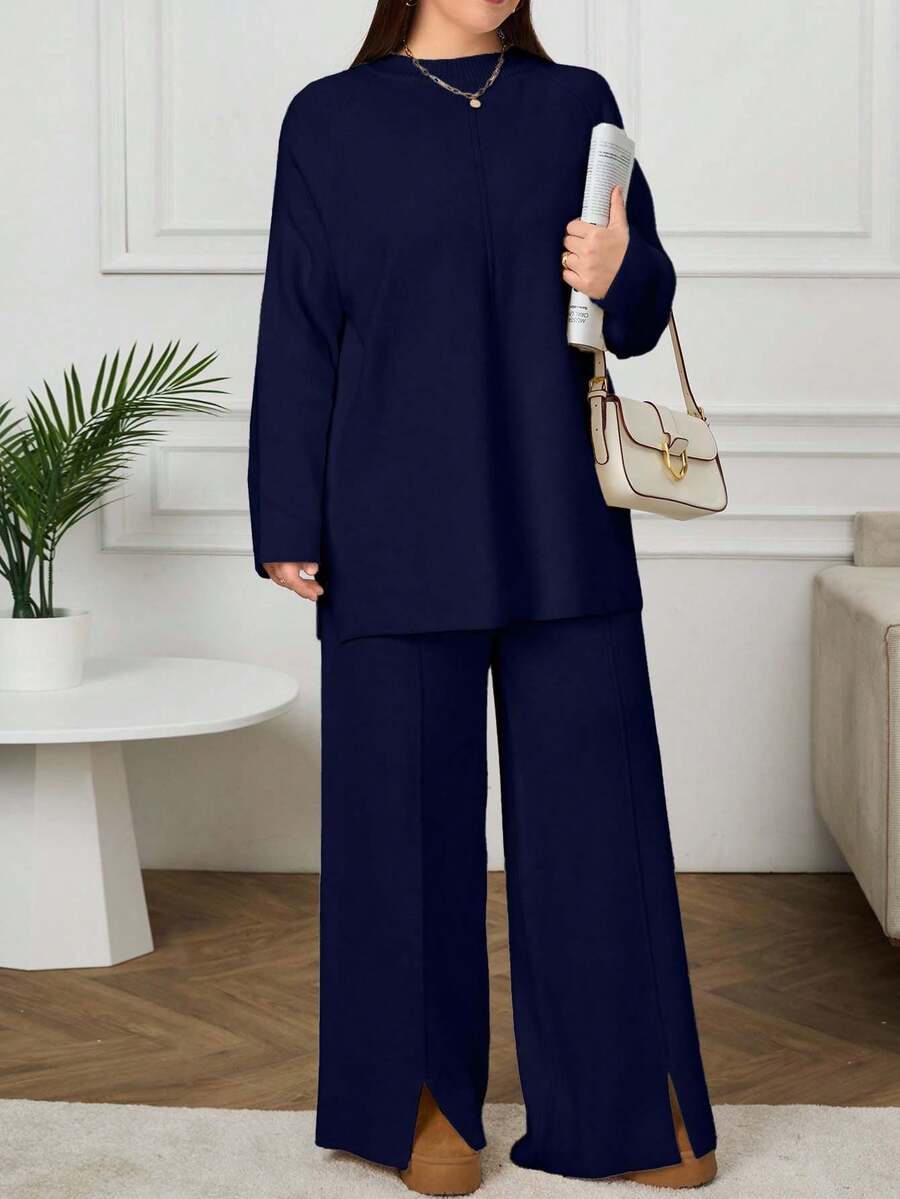 EURMUSE Women's Plus Size Solid Color Sweater And Knit Pants 2 Pieces Set - Navy Blue - View 1