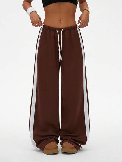 Dewbera 女士撞色抽绳腰时尚阔腿运动裤