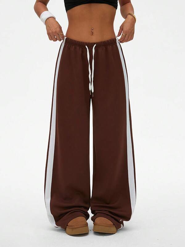 Dewbera Women's Contrast Color Drawstring Waist Fashionable Wide Leg Sports Pants