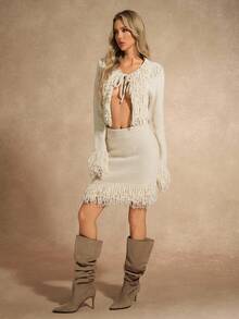 Chiquease 2pcs Fashionable Sexy Fringe Decor Cardigan & Knit Skirt Set - Beige - View 3