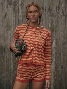 MUSERA Gerippter Rundhals-Streifenknopf-Cardigan, süßer Streetwear-Stil für Herbst, Bauernhaus, Land, Vintage, Herbst, Winter, Thanksgiving, Chic