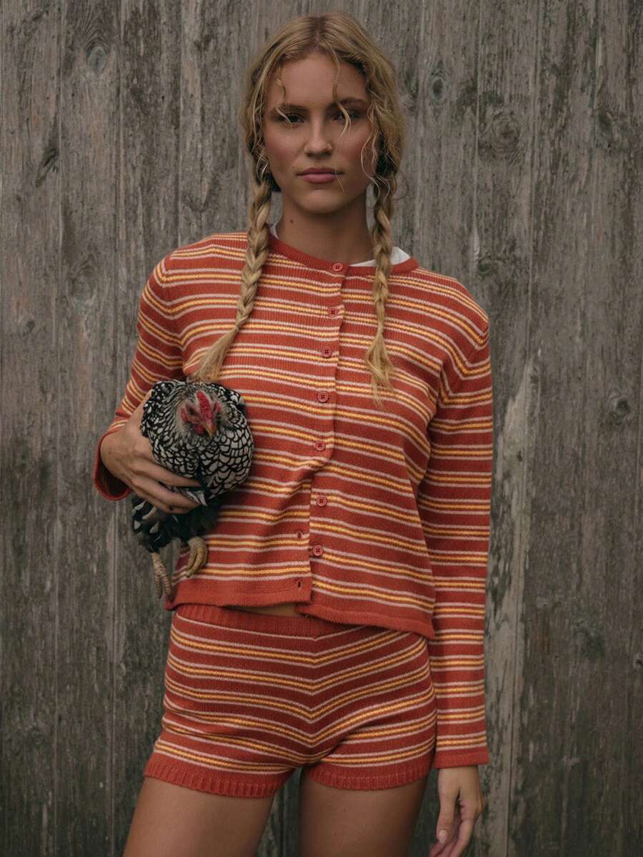 MUSERA Gerippter Rundhals-Streifenknopf-Cardigan, süßer Streetwear-Stil für Herbst, Bauernhaus, Land, Vintage, Herbst, Winter, Thanksgiving, Chic