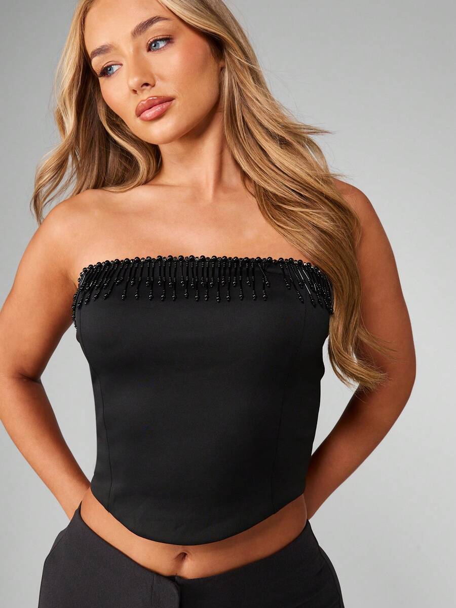 MISSGUIDED 串珠抹胸式无肩带短款派对晚会场合合身弹力时尚俱乐部派对正式华丽上衣，带黑色珠饰 - 黑色 - 查看 1