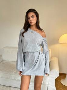 SHEIN Tall 女士时尚通勤纯色不对称领喇叭袖迷你连衣裙，露肩，俱乐部连衣裙，女士秋季连衣裙 - 灰色 - 查看 9