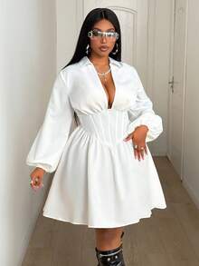 Maweii 加大码收腰长袖衬衫裙，独特设计 - 白色 - 查看 4