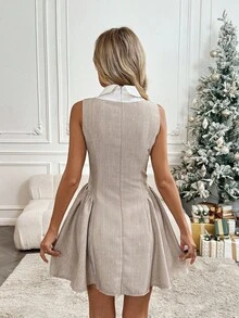 SHEIN LUNE Collared Color Block Waist Flared Hem Sleeveless Low Waist Casual Loose Elegant Commuter Vintage Mini Dress For Women, Autumn/Winter Peter Pan Collar Dress Short Elegant Dress Elegant Dress