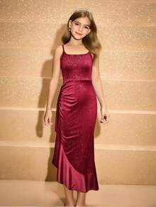 青少年女孩优雅奢华时尚无袖腰部收紧高腰合身荷叶边下摆金属面料酒红色连衣裙，女孩毕业舞会、圣诞派对礼服，女孩表演服 - 酒紅色 - 查看 1