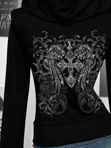 SHEIN ICON Women's Casual Retro Y2K Punk Black Fitted Faux Fur Collar Hooded Long Sleeve Regular Winged Rhinestone Print Pattern Jacket, Comfortable For Autumn/Winter - Black - View 3