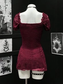 EgrlEra Váy ngắn chữ A thắt eo bằng vải ren gợi cảm dành cho nữ - Màu Đỏ Sâu - Xem 2